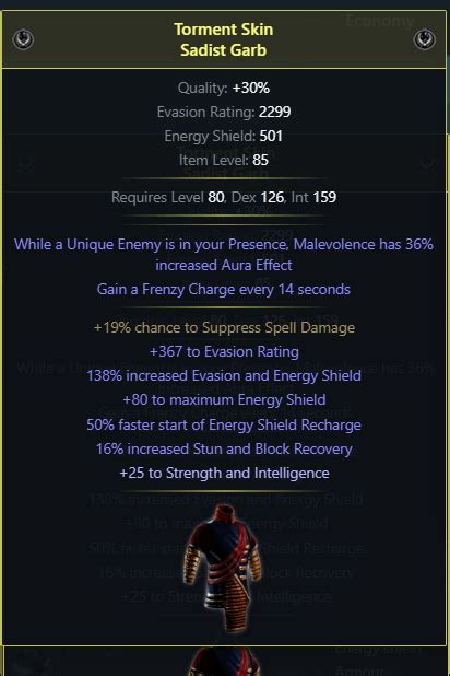 how do I craft a high evasion/ES sadist garb like this .